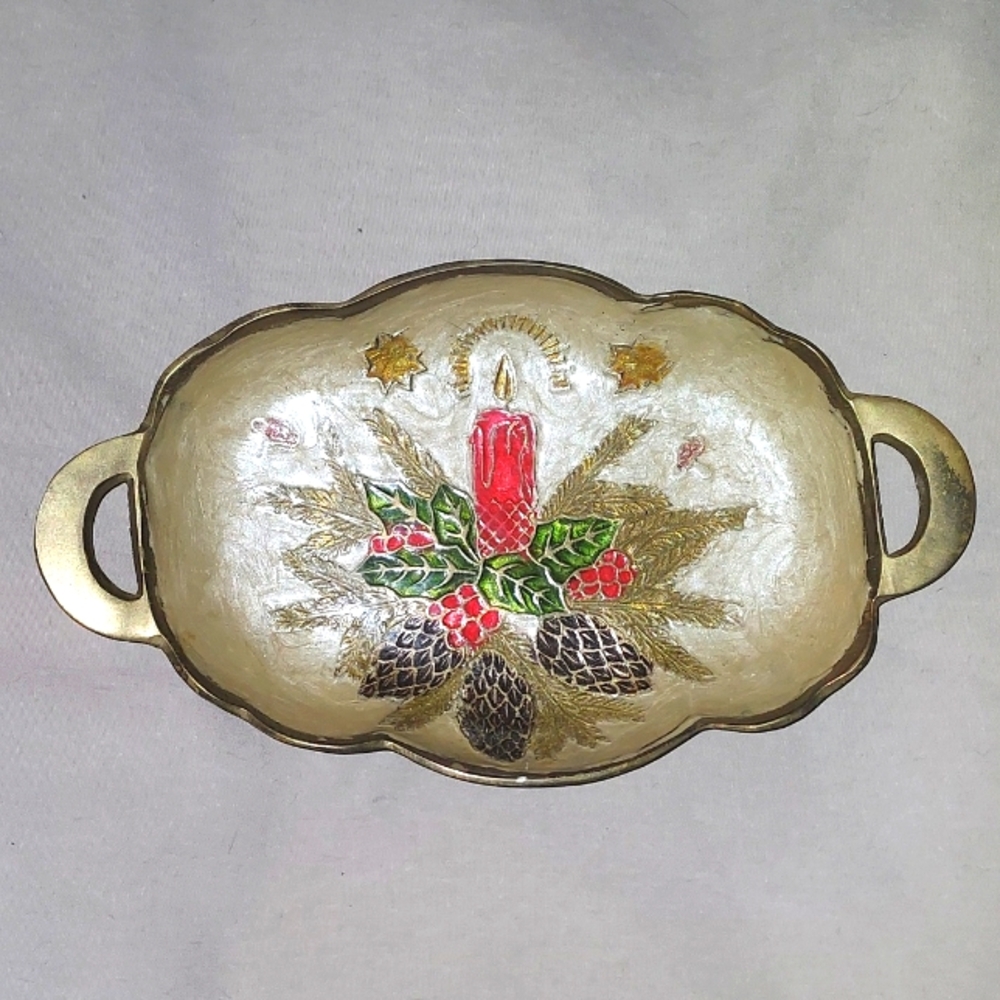 Vintage Enamel and Brass Tray Dish. Christmas. Pine Cones. Candles